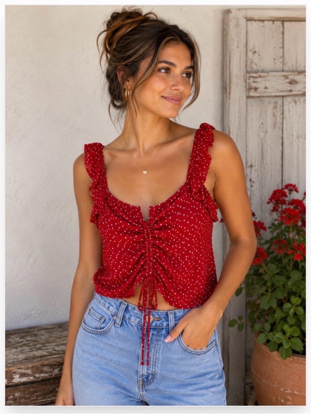 Red Polka Dot Ruched Crop Top with Ruffle Straps